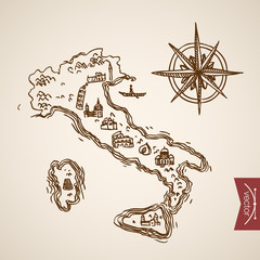Italy peninsula Sardinia island engraving lineart vintage vector