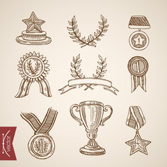 Cup trophy medal win winner attribute engraving vintage vector