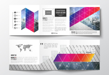 Vector set of tri-fold brochures, square design templates. Abstract colorful polygonal background, modern stylish triangle vector texture