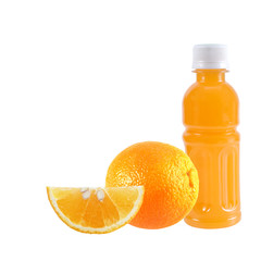 Orange fruit with Orange juice in a bottle isolated on white