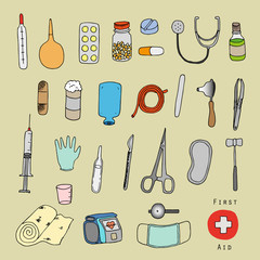 Obraz premium First aid. Medical equipment. Freehand illustration.