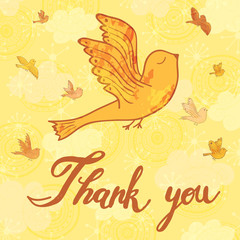 Fototapeta na wymiar Greeting card Thank you with birds and hand-drawn text