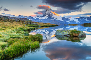 Spectacular sunrise with Matterhorn peak and Stellisee lake,Valais,Switzerland