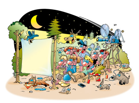 Cartoonillustration &uuml;ber ein Open Air Kino