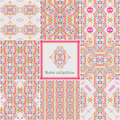 Set of vector seamless textures with tribal geometric pattern and frame. Electro boho color trend. Aztec ornamental style