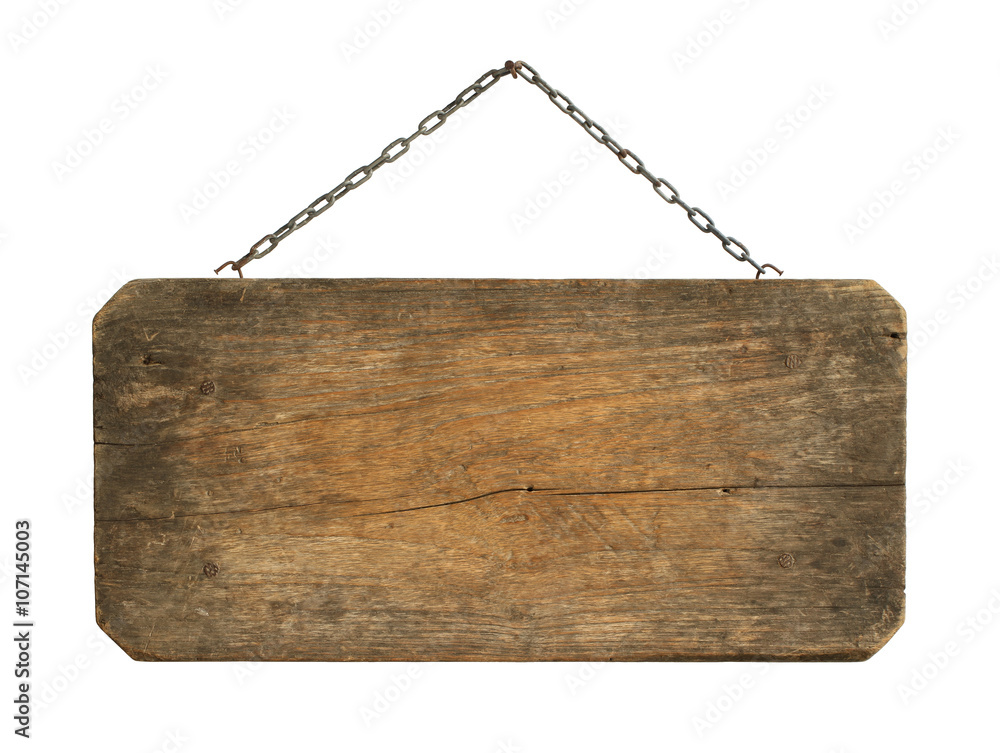 Wall mural wooden sign hanging isolated on white background