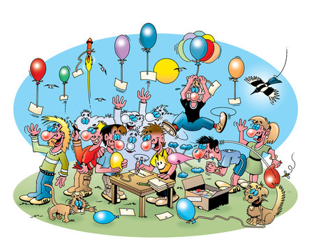 Cartoonillustration über Luftballonstarts