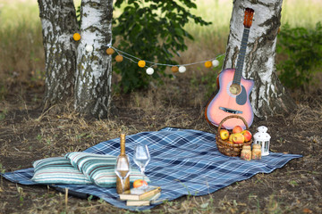 Picnic with fresh fruits and wine in beautiful bottle near birch