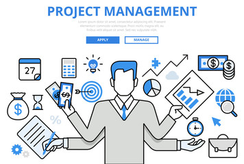 Project management business concept flat line art vector icons