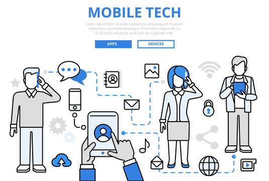 Mobile tech communication concept flat line art vector icons