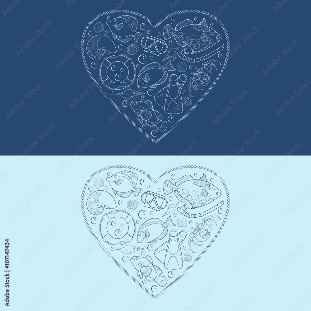 Poster marine objects in the shape of a heart. isolated vector objects.