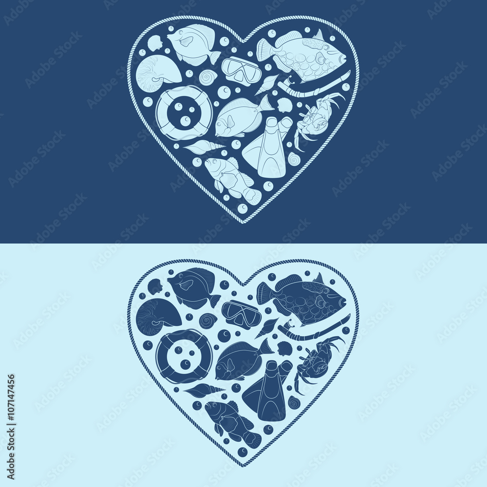 Poster marine objects in the shape of a heart. isolated vector objects.