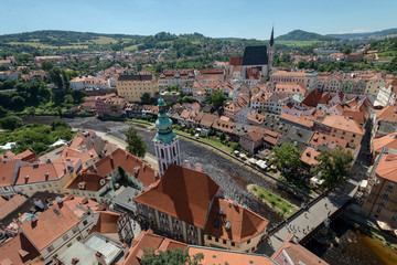 Aerial view over famous Cesky Krumlov, Czech Republic. UNESCO heritage.