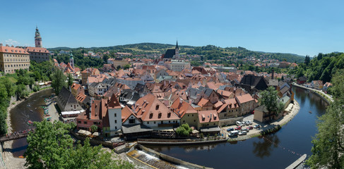 Fototapeta na wymiar Panorama of the historical part of Cesky Krumlov with Castle and Church of St. Vitius, Czech Republic. UNESCO Heritage.