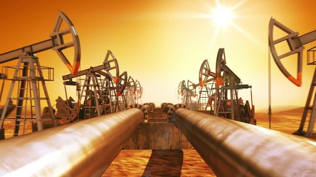 Moving at the Endless Pipeline and rows of Oil Pumps. Orange Sunset and Sun Shining in the Desert. Looped 3d animation. HD 1080. Technology and Transportation Business Concept.