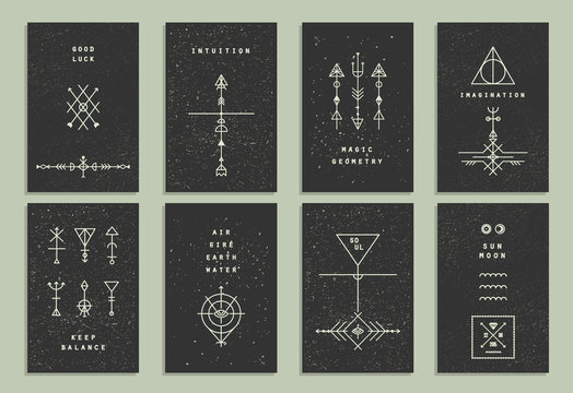 Set of vector trendy cards with geometric icons. Alchemy symbols