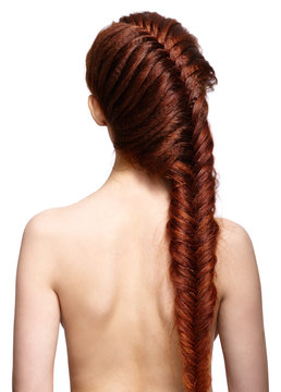 Woman with ginger braids hair-do from back side isolated on whit