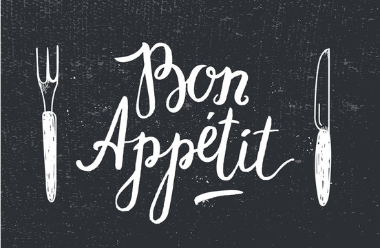 Vector Bon Appetit poster with fork and knife on black textured background. 
