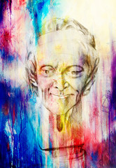 drawing of philosopher voltaire sculpture on abstract background.