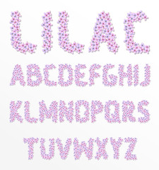 Latin alphabet is made of lilac . Font of flowers . Floral print of lilacs . Realistic 3D font. Modern font. Spring font. Summer font. Font for design .