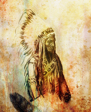drawing of native american indian foreman Sitting Bull - Totanka Yotanka according historic photography, with beautiful feather headdress.
