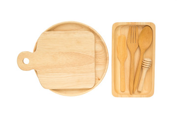 Top view of wooden cutlery isolated on white background