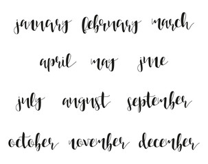 12 month names in calligraphy. Winter and summer. Spring and autumn. Time of year. Phrase in english calligraphy handmade. Stylish, modern calligraphic. Elite quote. Design brochures, posters.