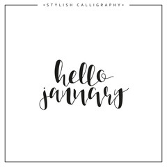 Hello January. Winter. Time of the year. Calligraphy phrase in english handmade. Stylish, modern calligraphic. Elite calligraphy. Quote. Search for design of brochures, posters web design.  Calendar.