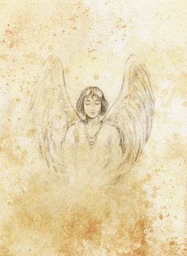 drawing of angel with beautiful wings on a paper.