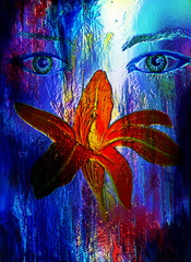 woman eyes with lilly flower, computer collage and glass effect, Computer collage.