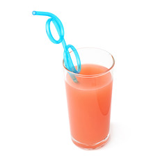 Tall glass filled with the grapefruit juice and curved blue plastic drinking straw inside. composition isolated over the white background