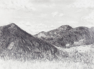 landscape painting and mountain  on old paper background.