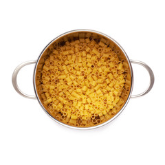 Metal pan filled with dry ditalini pasta over isolated white background