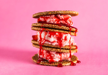 Ice cream with waffles and berry sirup