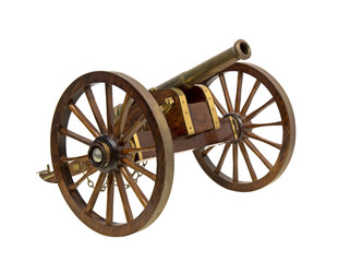 Vintage wooden cannon isolated over white