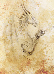 Fototapeta premium pencil drawing dragon on old paper background.