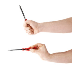 Set of hand holding a screwdriver  tool, composition isolated over the white background