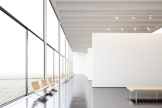 Photo exposition modern gallery,open space.White empty canvas hanging contemporary art museum.Interior loft style with concrete floor,light spots,generic design furniture and building.3d rendering