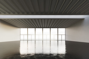 Photo of open space place in modern building.Empty interior loft style with concrete floor and panoramic windows.Abstract background,blank walls. Ready for business info.Horizontal mockup.3d rendering