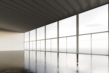 Photo of empty open space room modern building.Empty interior loft style with concrete floor, panoramic windows.Abstract background,blank walls. Ready for business info.Horizontal mockup.3d rendering