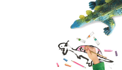 Naklejka premium Child Painting dinosaur with bright watercolor, copyspace for t
