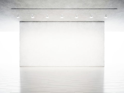 Photo exhibition modern gallery. Blank concrete wall in contemporary art museum. Interior industrial style with white wood floor. Spotlights hanging on the ceiling. 3d rendering