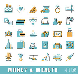Set of premium quality flat line money and wealth icons. Collection of financial icons. Vector illustration.