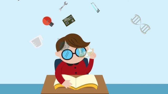 Cartoon animation of a boy child student is reading education book on his desk with science maths chemistry biology engineering physics and other creative knowledge icon until graduation in HD
