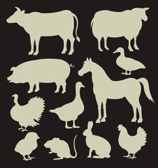 Vector farm animal white silhouettes icon set