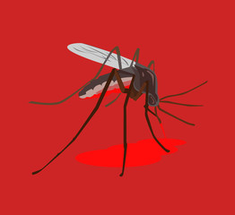 Mosquito drink blood. Vector flat illustration