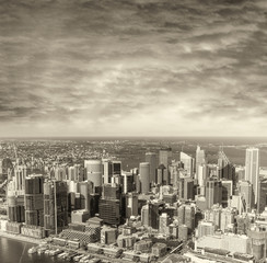 Black and white aerial skyline of Sydney, New South Wales - Aust