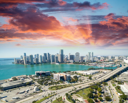 Downtown Miami. Sunset aerial view from helicopter © jovannig