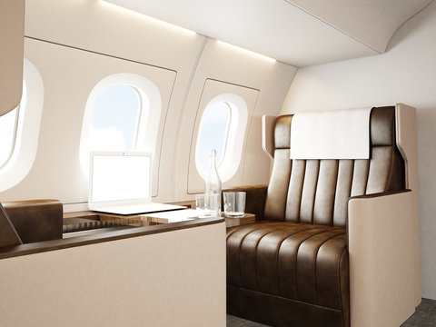 Photo interior of luxury private airplane. Empty leather chair, modern generic design laptop table. Blank white screen ready for your business information. Horizontal mockup. 3d rendering
