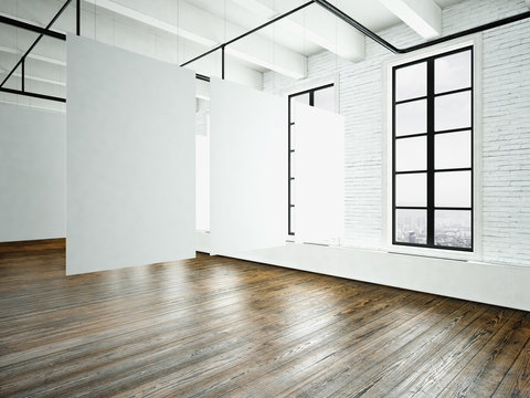 Image loft expo interior in modern building.Open space studio.Empty white canvas hanging.Wood floor, bricks wall,panoramic windows.Blank frames ready for bussiness information.Horizontal. 3d rendering